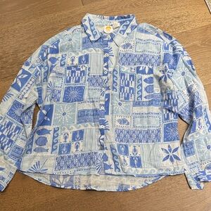 C&C California 100% Linen Blue Print Button-Up Shirt | Size L